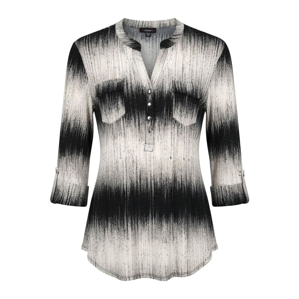 Cocomo Women's Size XL Black Ivory Multi Color Geo Print Pintuck 3/4 Sleeve Top